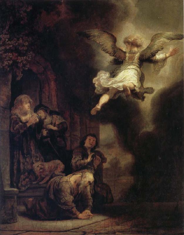 REMBRANDT Harmenszoon van Rijn The Archangel Raphael Taking Leave of the Tobit Family Spain oil painting art